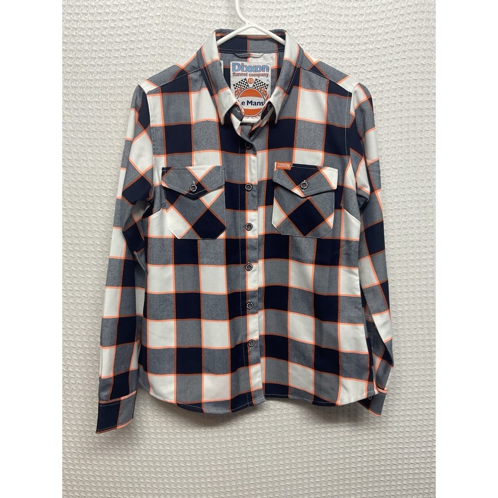 Dixxon Flannel Shirt Women's M Orange Blue Plaid Long Sleeve 13 Button Up